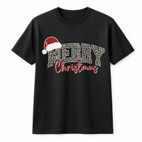 Santa Hat Plaid Holiday Graphic Tee, Merry Christmas Leopard Print T-Shirt, Festive Xmas Graphic T-Shirt, Adorable Womens Holiday Top