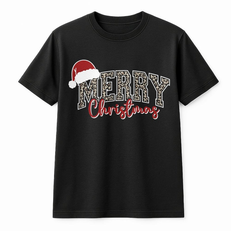 Santa Hat Plaid Holiday Graphic Tee, Merry Christmas Leopard Print T-Shirt, Festive Xmas Graphic T-Shirt, Adorable Womens Holiday Top
