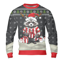 Festive Reindeer Antlers Sweater, Christmas Raccoon Sweatshirt, Humorous Trash Panda Xmas Lights Crewneck, Holiday Animal Pullover