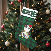 Green Plaid Holiday Pet Stocking, Personalized Cat Christmas Stocking, Velboa Fabric Custom Name Stocking, Cat Lover Xmas Home Decor