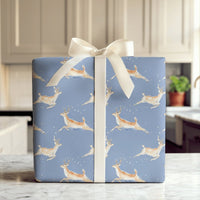 Leaping Deer Holiday Gift Wrap, Watercolor Reindeer Wrapping Paper, Starry Blue Winter Paper, Whimsical Christmas Wrapping Paper Roll