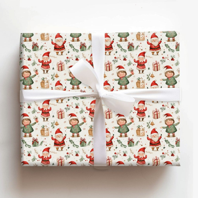 Adorable Holiday Elves Gift Wrap, Whimsical Santa and Elf Wrapping Paper, Watercolor Christmas Wrapping Paper, Kids Festive Present Paper Roll