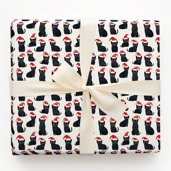 Festive Santa Hat Kitten Gift Wrap, Black Cat Christmas Wrapping Paper, Adorable Holiday Kitty Pattern Wrapping Paper, Cat Lo