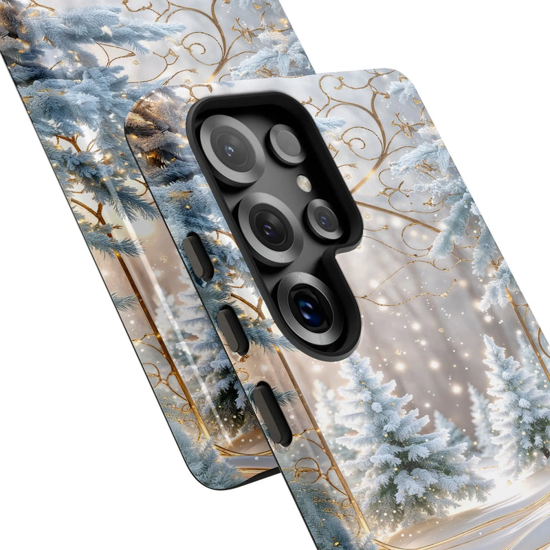 Snowy Forest Phone Case, Winter Wonderland iPhone Case, Gold Swirl Magical Dual Layer Tough Cover, Christmas Holiday Present for Her
