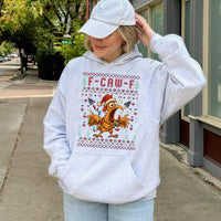 Humorous Chicken Holiday Hoodie, F-Caw-F Ugly Christmas Hoodie, Sarcastic Poultry Xmas Hoodie, Rooster Christmas Sweatshirt, Farm Winter Present