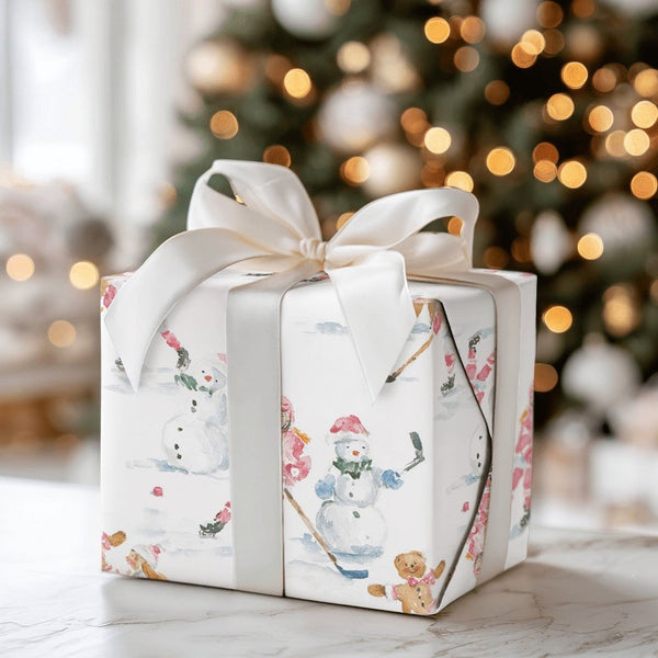 Gingerbread Holiday Gift Wrap, Pink Hockey Girls Snowman Wrapping Paper, Winter Sports Paper, Christmas Present Wrapping Pape