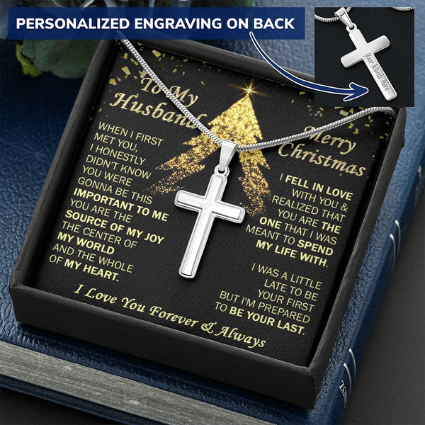 Custom Engraved Faith Pendant, Personalized Cross Necklace for Husband, Polished Stainless Steel Cross Necklace, Christmas An