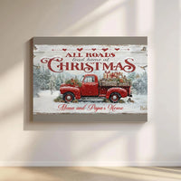 Red Truck Winter Canvas Print, All Roads Lead Home at Christmas Canvas, Rustic Holiday Wall Art, Farmhouse Xmas Canvas, Grandparents Present