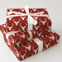 Rustic Cream Antler Holiday Gift Wrap, Red Stag Deer Wrapping Paper, Woodland Buck Christmas Present Paper, Cabin Christmas Wrapping Paper