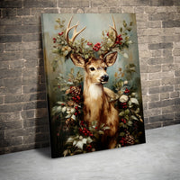 Festive Woodland Animal Canvas Print, Christmas Deer Canvas Wall Art, Winter Berries Deer Canvas Decor, Holiday Wall Art Frameless Canvas