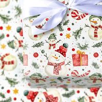Candy Cane Holiday Gift Wrap, Watercolor Snowman Wrapping Paper, Adorable Winter Snowmen Paper Roll, Christmas Gift Wrapping Paper