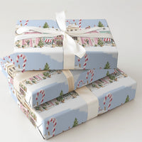 Candy Cane Winter Gift Wrap, Pastel Christmas Village Wrapping Paper, Pink Townhouse Holiday Wrapping Paper