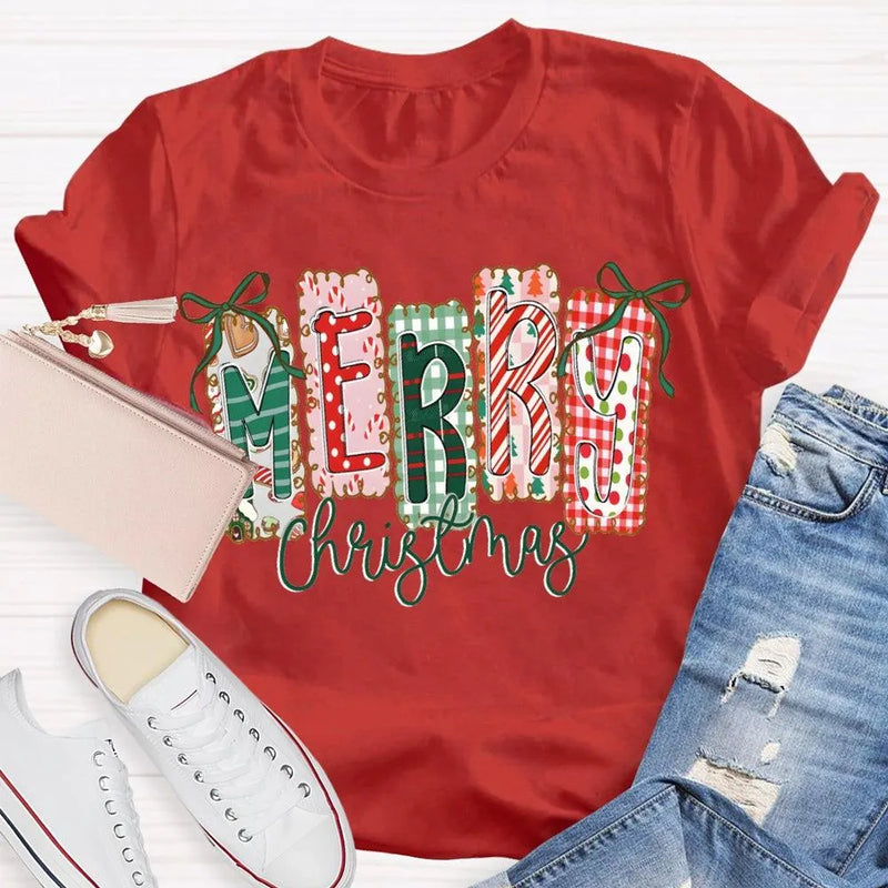 Retro Festive Holiday T-Shirt, Merry Christmas Colorful Square Font Shirt, Merry Xmas Graphic Tee, Holiday Season Family Party Outfit