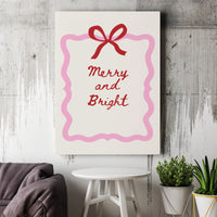 Christmas Red Bow Canvas Print, Merry and Bright Canvas Wall Art, Minimalist Holiday Canvas Poster, Winter Living Room Wall Decor Present
