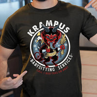 Humorous Christmas Horror Graphic Tee, Krampus Babysitting Service T-Shirt, Spooky Holiday Folklore Shirt, Alpine Demon Winter Top