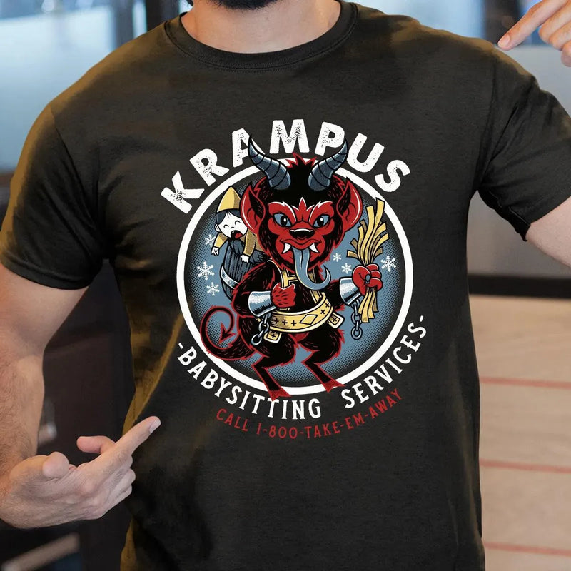 Humorous Christmas Horror Graphic Tee, Krampus Babysitting Service T-Shirt, Spooky Holiday Folklore Shirt, Alpine Demon Winter Top