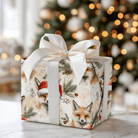 Watercolor Woodland Fox Gift Wrap, Christmas Fox Wrapping Paper, Santa Hat Fox Wrapping Paper, Rustic Winter Animal Holiday Present Wrap