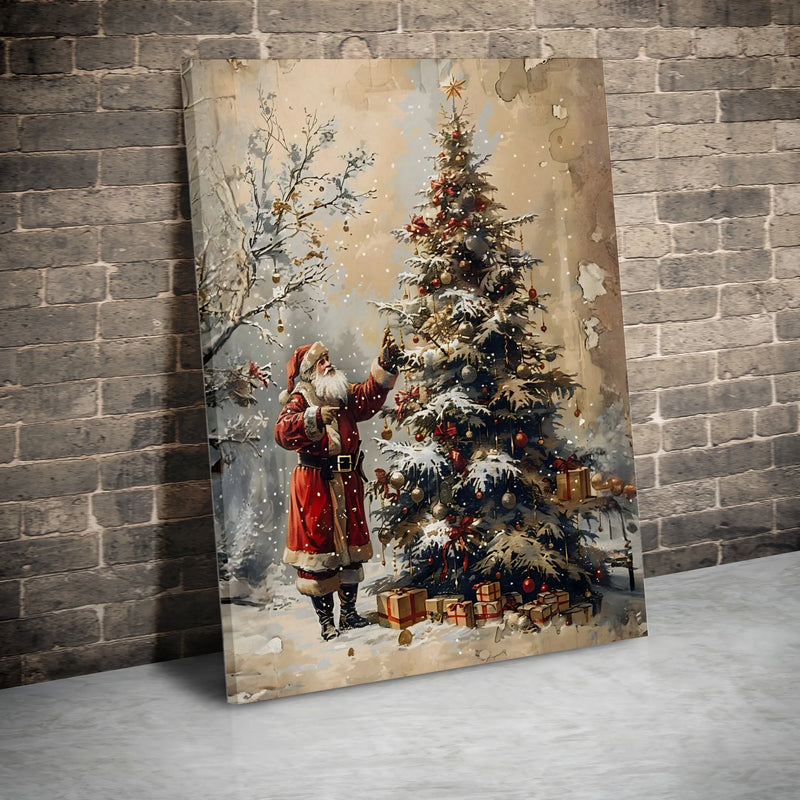 Snowy Christmas Tree Canvas Print, Vintage Santa Claus Canvas Wall Art, Nostalgic Holiday Santa Canvas Decor, Rustic Winter Wall Art Present