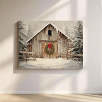 Rustic Farmhouse Barn Canvas Print, Winter Barn Canvas Wall Art, Snowy Christmas Wreath Canvas Art, Holiday Season Wall Decor, Country Present