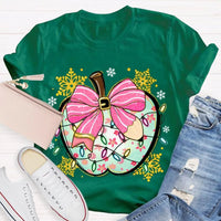 Festive Teacher Holiday Shirt, Christmas Lights Snowflakes Bow Apple T-Shirt, Adorable Coquette Winter Graphic Tee, Xmas Present for Her