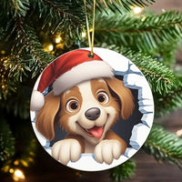 Santa Hat Dog Ornament, Cartoon Puppy Christmas Ornament, Wall Burst Puppy Ceramic Ornament, Holiday Tree Decor, Dog Lover Xmas Present