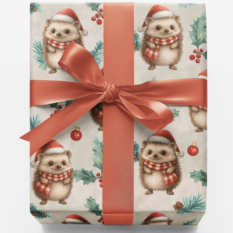 Adorable Woodland Animal Holiday Gift Wrap, Hedgehog Christmas Wrapping Paper, Winter Forest Present Paper, Festive Xmas Wrap Paper Roll