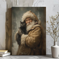 Black Cat Holiday Canvas Print, Vintage Santa Claus Canvas Wall Art, Whimsical Christmas Canvas Decor, Retro Festive Wall Art Present