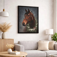 Brown Horse with Festive Wreath in Snow Canvas Print, Horse Christmas Wall Art, Winter Equestrian Canvas Art, Holiday Farmhouse Decor Present