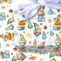 Whimsical Holiday Toy Gift Wrap, Watercolor Christmas Elves Wrapping Paper, Adorable Kids Xmas Wrapping Paper, Retro Toy Elf Holiday Present Paper