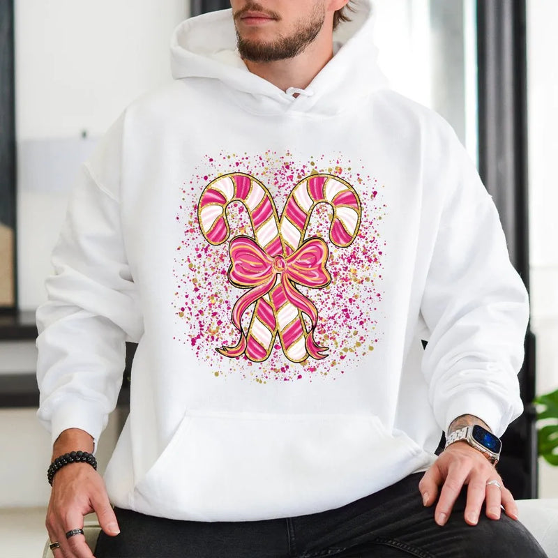 Coquette Bow Christmas Hoodie, Pink Candy Cane Hoodie, Aesthetic Candy Cane Hooded Sweatshirt, Adorable Xmas Candy Cane Pullover, Holiday Present