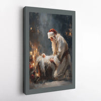 Nativity Scene Canvas Print, Kneeling Santa Baby Jesus Canvas Art, Christian Christmas Canvas Wall Decor, Holiday Faith Wall Art, Xmas Present