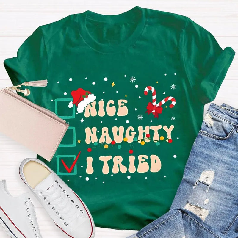 Humorous Family Christmas Holiday Shirt, Nice Naughty List Santa Hat Candy Cane T-Shirt, Christmas List Humor Tee, Adorable Christmas T-Shirt