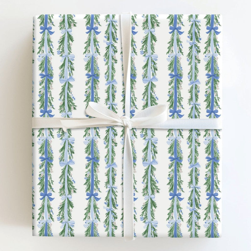 Pine and Blue Bow Gift Wrap, Evergreen Garland Wrapping Paper, Holiday Garland Wrapping Paper, Winter Christmas Wrapping Paper Roll