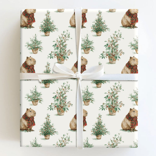 Plaid Scarf Wrapping Paper, Capybara Christmas Wrapping Paper, Adorable Animal Holiday Gift Wrap, Festive Watercolor Capybara
