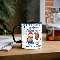 Humorous Cartoon Besties Holiday Ceramic Mug, Punch a Bitch for You Christmas Mug, Custom BFF Coffee Cup, Soul Sister Xmas Present Coffee Mug