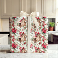 Watercolor Poinsettia Gift Wrap, Santa Riding Horse Wrapping Paper, Western Christmas Wrapping Paper, Equestrian Holiday Gift Wrap Roll
