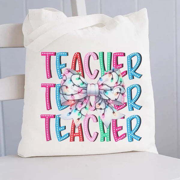 Festive Red Bow Canvas Tote Bag, Teacher Christmas Tote Bag, Adorable Holiday Educator Shoulder Bag, Winter School Book Bag, 