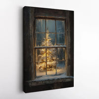 Winter Night Landscape Poster, Snowy Christmas Tree Window Canvas Art, Comfy Holiday Wall Decor, Digital Download Print