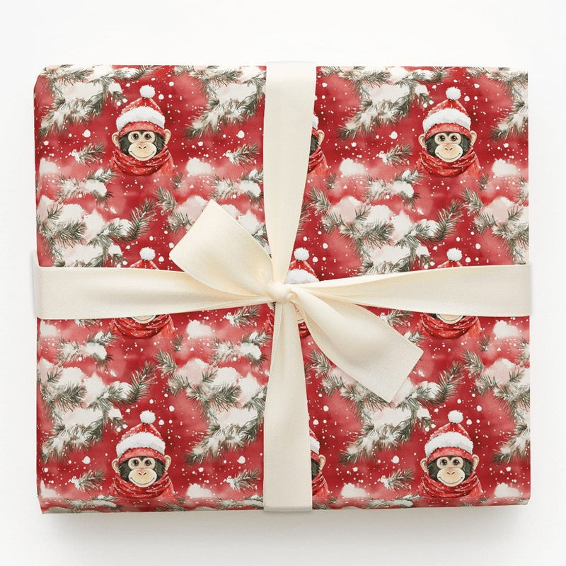 Adorable Santa Hat Gift Wrap, Christmas Monkey Wrapping Paper, Watercolor Animal Wrapping Paper, Red Winter Holiday Paper