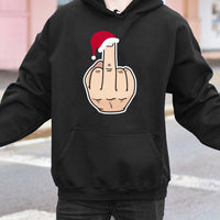 Humorous Christmas Sarcastic Sweatshirt, Middle Finger Santa Hat Hoodie, Rude Holiday Humor Pullover, Sassy Xmas Hooded Sweater