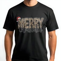 Merry Christmas Graphic Tee, Leopard Print Santa Hat Christmas T-Shirt, Trendy Holiday Santa Shirt, Adorable Festive Xmas T-Shirt, Present for Her