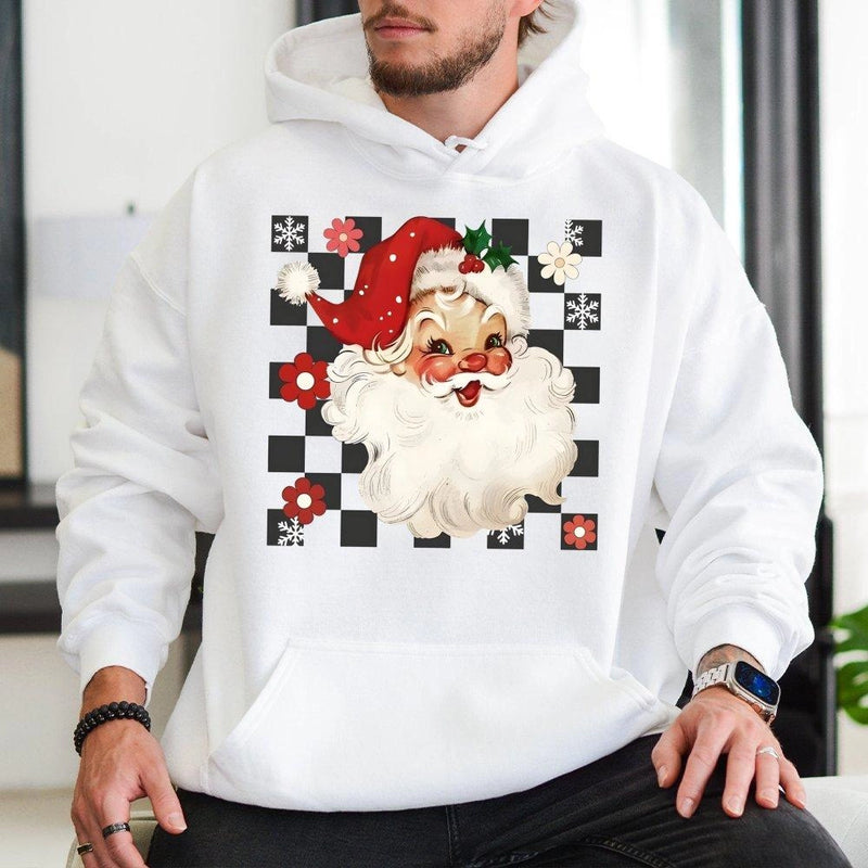 Checkered Christmas Graphic Hooded Sweatshirt, Retro Santa Hoodie, Vintage Santa Claus Holiday Hoodie, Festive Winter Pullover, Unisex Present