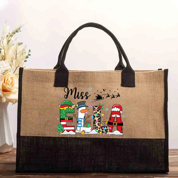 Custom Elk Christmas Canvas Tote, Personalized Snowman Cotton Tote Bag, Holiday Shoulder Bag, Custom Name Shopper Tote, Xmas 