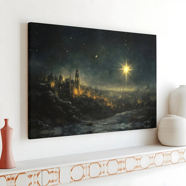 Holy Night Sky Oil Painting Canvas Wall Art, Star of Bethlehem Ancient City Canvas, Christian Nativity Print, Religious Chris