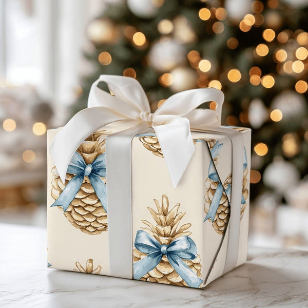 Blue Bow Winter Gift Wrap, Rustic Pinecone Christmas Wrapping Paper, Watercolor Pinecone Wrapping Paper, Elegant Holiday Gift