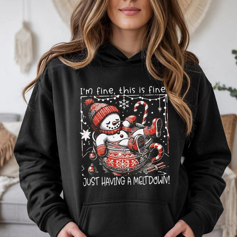 I'm Fine This Is Fine Christmas Hoodie, Snowman Meltdown Hoodie, Humorous Melting Snowman Sweatshirt, Winter Holiday Humor Pullover