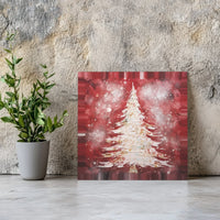 Rustic Winter Christmas Tree Canvas Print, Textured White Pine Crimson Snowfall Canvas Art, Holiday Forest Canvas Wall Art, Seasonal Decor