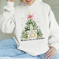 Watercolor Church Tree Hoodie, Oh Come Let Us Adore Him Hoodie, Religious Christian Sweatshirt, Faith Christmas Hoodie, Present for Women