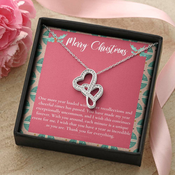 Interlocking CZ Hearts Pendant, Double Heart Necklace for Her, 14K White Gold Over Stainless Steel, Romantic Christmas Wife N