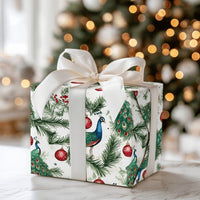 Pine Branch Bird Gift Wrap, Watercolor Peacock Christmas Wrapping Paper, Red Ornament Wrapping Paper, Elegant Winter Holiday Wrapping Paper